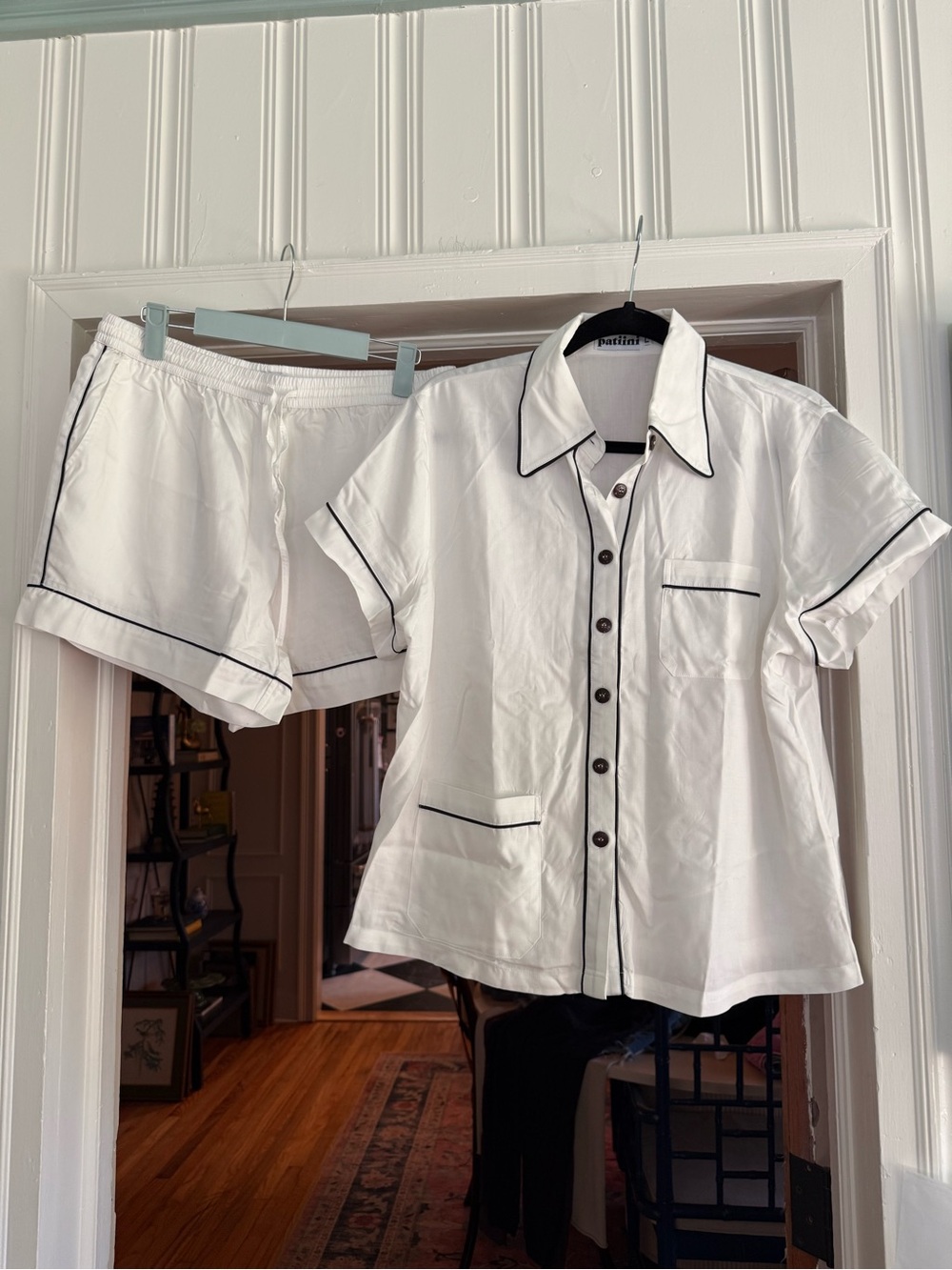 NWOT White Cotton PJ Set with Black Piping, Size Large